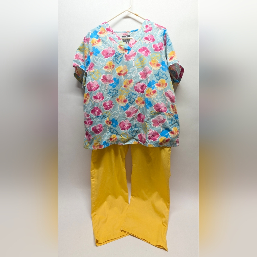 Butter Soft Floral Scrub Set with Yellow Pants
